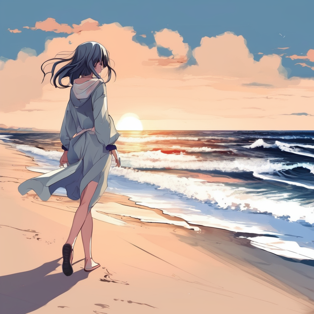 00688-3575159240-Anime style, A girl walking on the beach.png